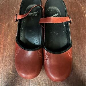 Dansko Brick Red Leather Mary Jane Clogs with Strap